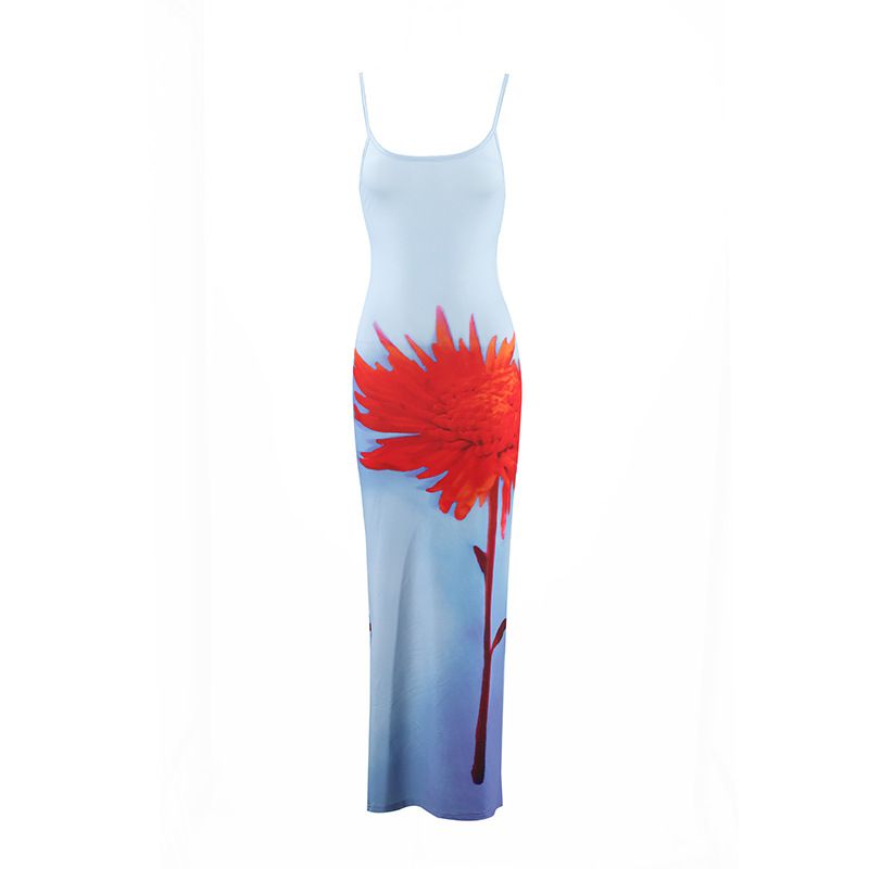 Damenbekleidung Sommer Neu Sexy Hosenträger Blumendruck Schlankes langes Kleid_voghion.com