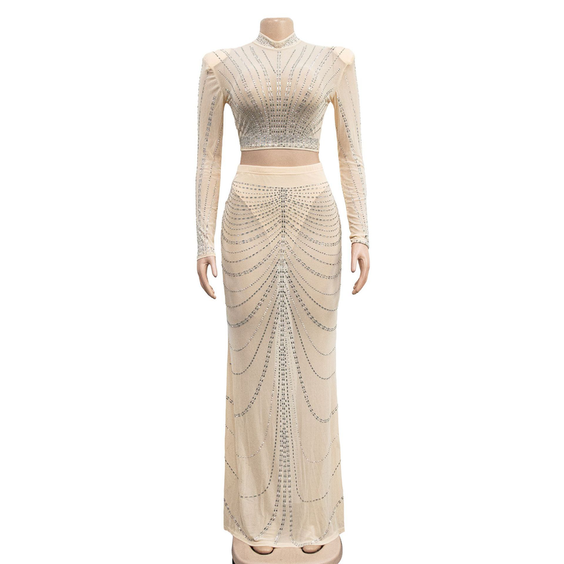 Kadın Giyim Mesh Mesh See Through Uzun Kollu Uzun Etek İki Parça Set_voghion.com