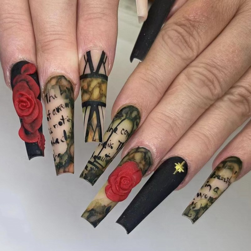 24Pcs Ballerina Lange Nägel Set Drücken Sie Auf Tragbare Künstliche Falsche Nägel Mit Kleber Rosen Muster Designs Gefälschte Na_voghion.com