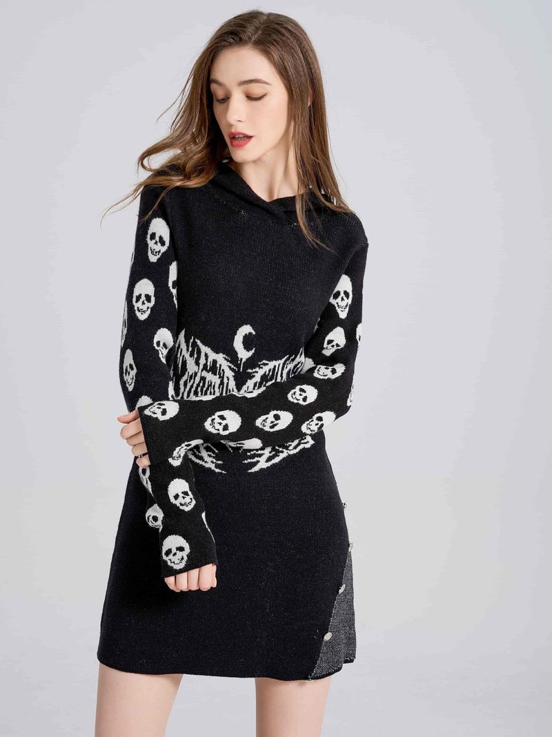 Punk-Pullover mit Kapuze, mittlere und lange Damenbekleidung, grenzüberschreitende Herbst- und Winteroberteile, gestrickter Totenkopfpullover im Gothic-Stil_voghion.com