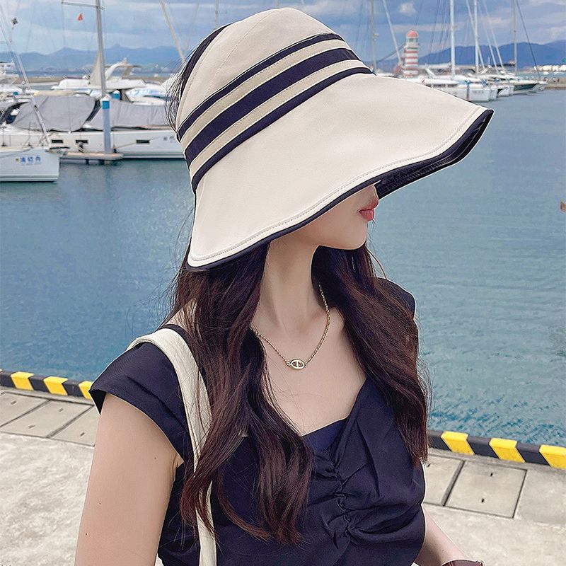Fashion Summer Black Vinyl Sun Women Stripe Wide Brim UV Protection Bucket Hat Foldable Outdoor Beach Ladies Empty Top Sunscreen_voghion.com