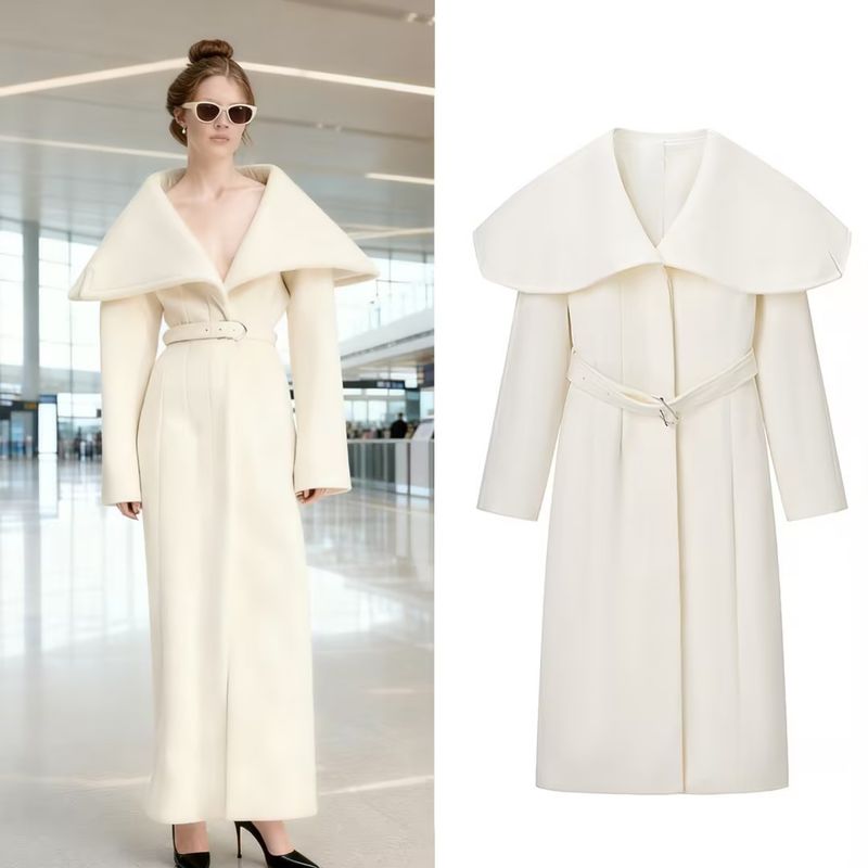 Eleganter, lässiger Trenchcoat aus Wollmischung mit Gürtel – langer Mantel im französischen Stil mit Revers und Taillengürtel, Weiß, Größen S/M/L_voghion.com