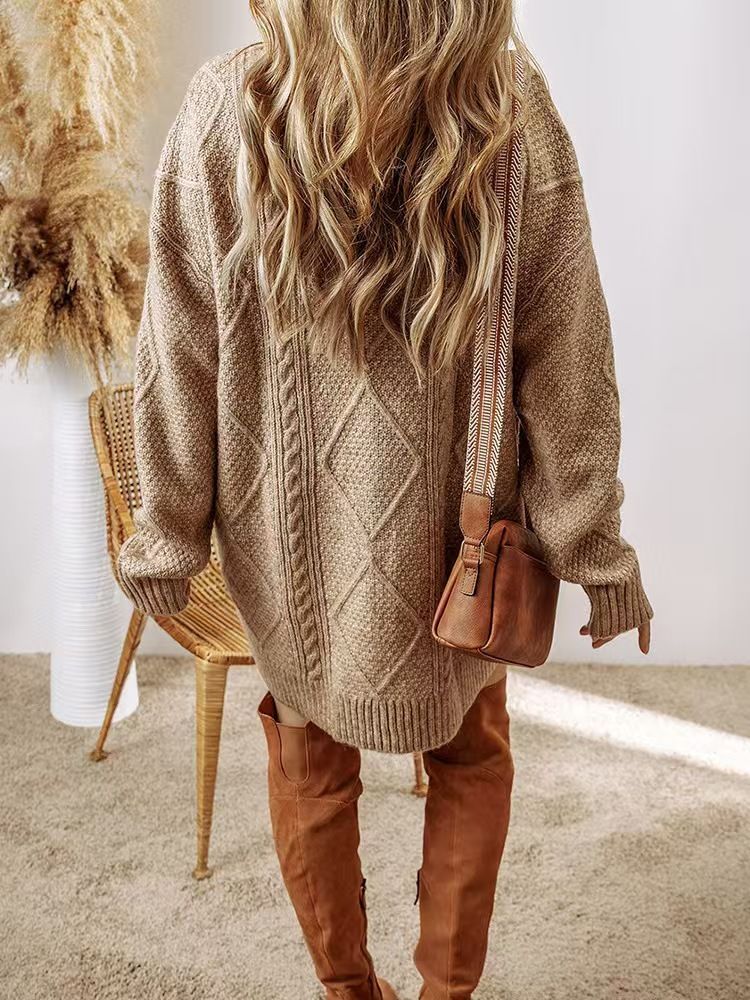 Robe pull oversize confortable pour femme - Tunique à manches longues en tricot doux pour femme, tenue de détente décontractée en noir, vert kaki, kaki et caramel_voghion.com