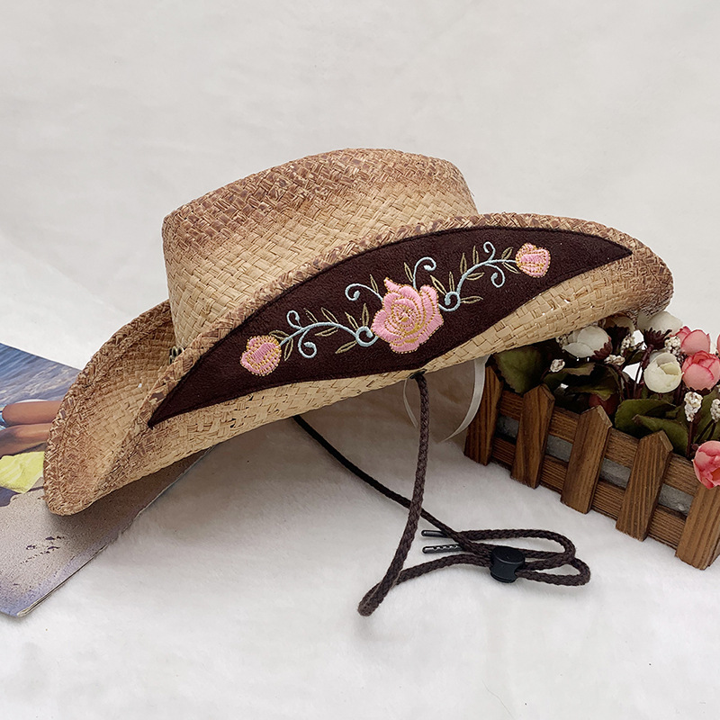 Handgewebter Cowboyhut aus Raffiagras mit Sonnenschutz und gerolltem Rand, bestickter Strohhut_voghion.com