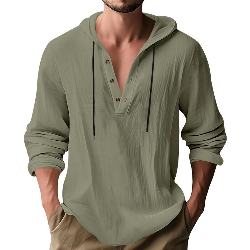 Lente en herfst lang mouwen linnen overhemd heren capuchon casual losse T-shirt trui heren_voghion.com
