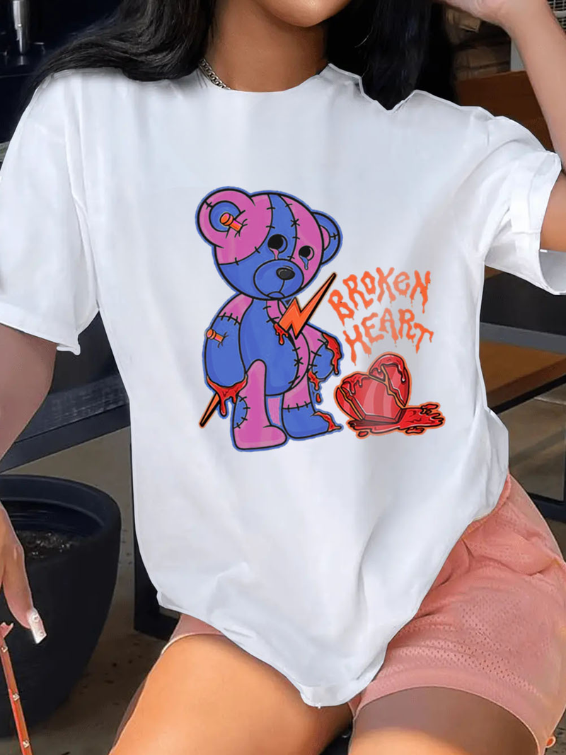 Blusa feminina de algodão com letras impressas, tamanho grande, manga curta solta_voghion.com