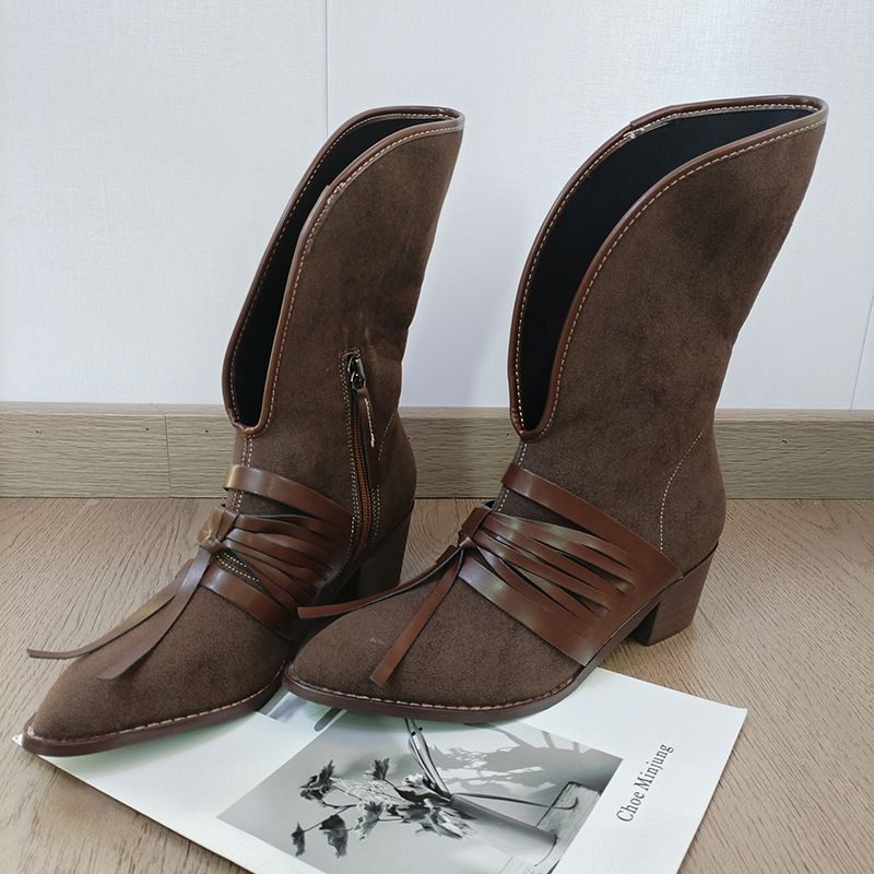 Dune Wasteland Style Medieval V-Neck Short For Women 2024 Autumn Winter New Thick Low Heel Lace-Up Western Boots_voghion.com
