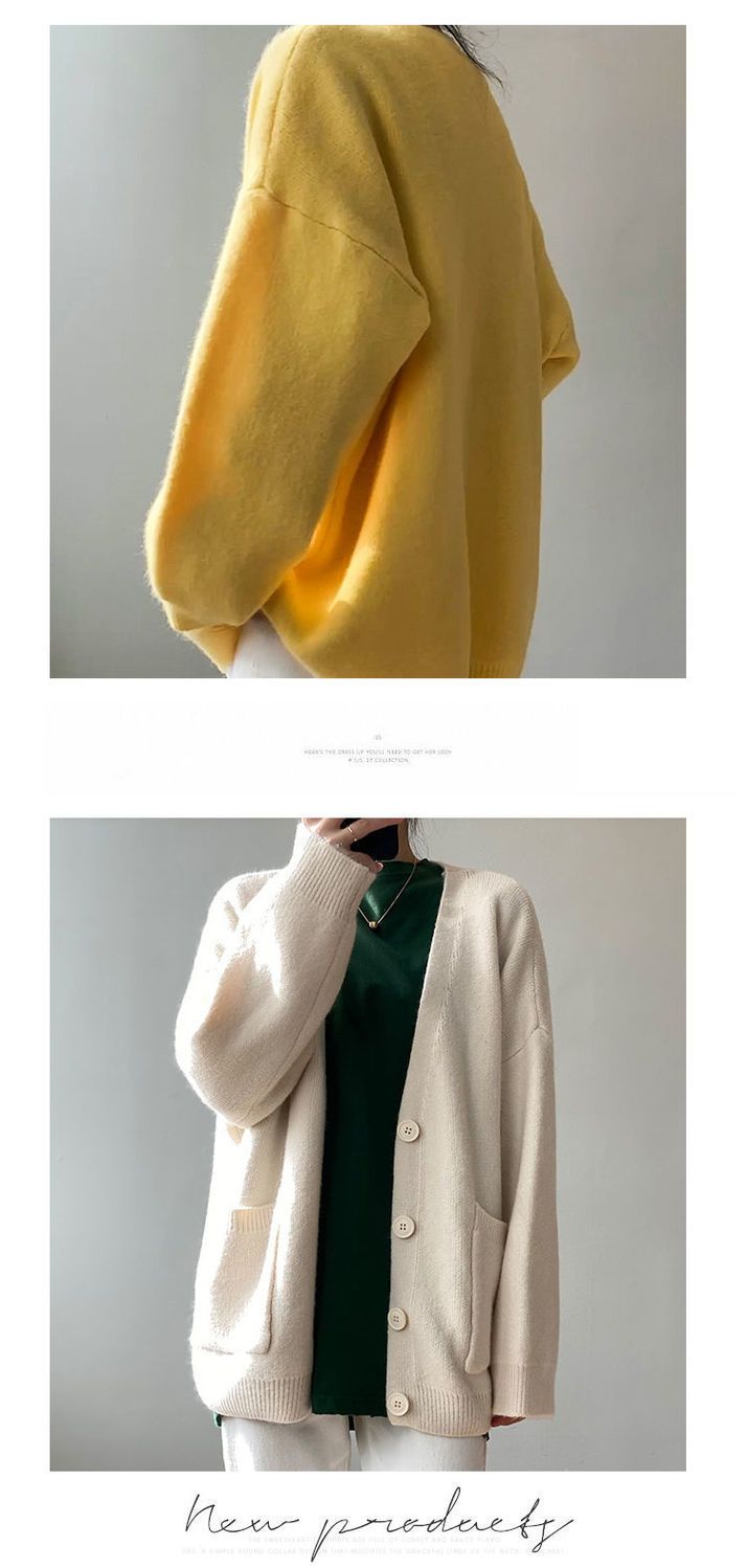 Cardigan en tricot surdimensionné à col en V pour femme, coupe ample, couleur unie, boutonné, décontracté_voghion.com