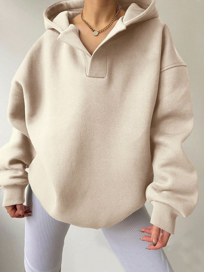 Women's Clothing Sweatshirt Solid Color Long Sleeve Hooded Solid Color Loose Sweater Women's Top_voghion.com