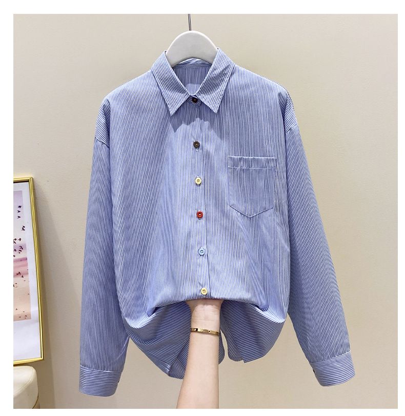 Vintage-Inspired Striped Cotton Blend Shirt For Women - Relaxed Fit, Long Sleeve, Elegant Office & Casual Wear_voghion.com
