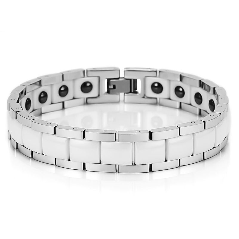 Jewelry Black And White Ceramic With Stainless Steel Curved Ochre Bracelet Men's Health Magnetic Jewelry_voghion.com