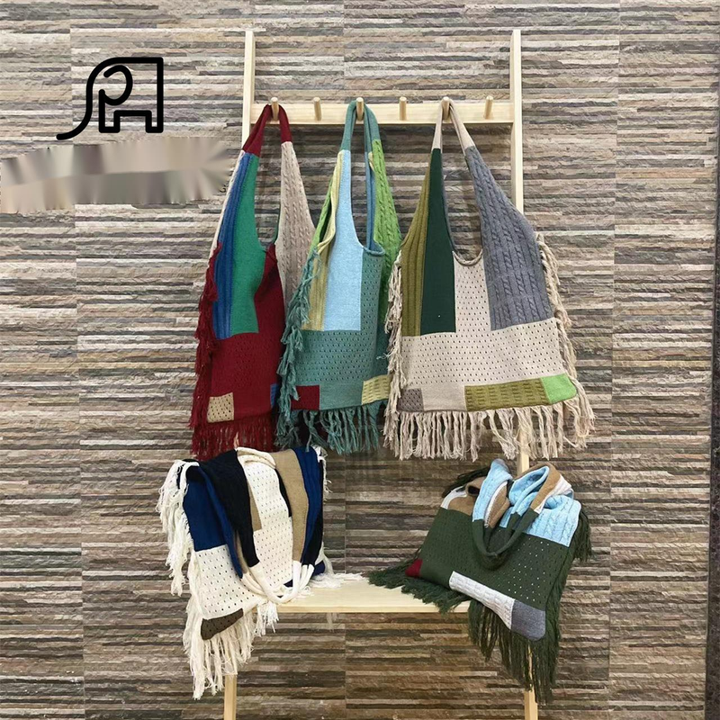 2024 New Tassel Women's Splicing Knitted Handheld Shoulder Bag Hot Selling Simple Retro Knitted Bag Versatile Big Bag_voghion.com
