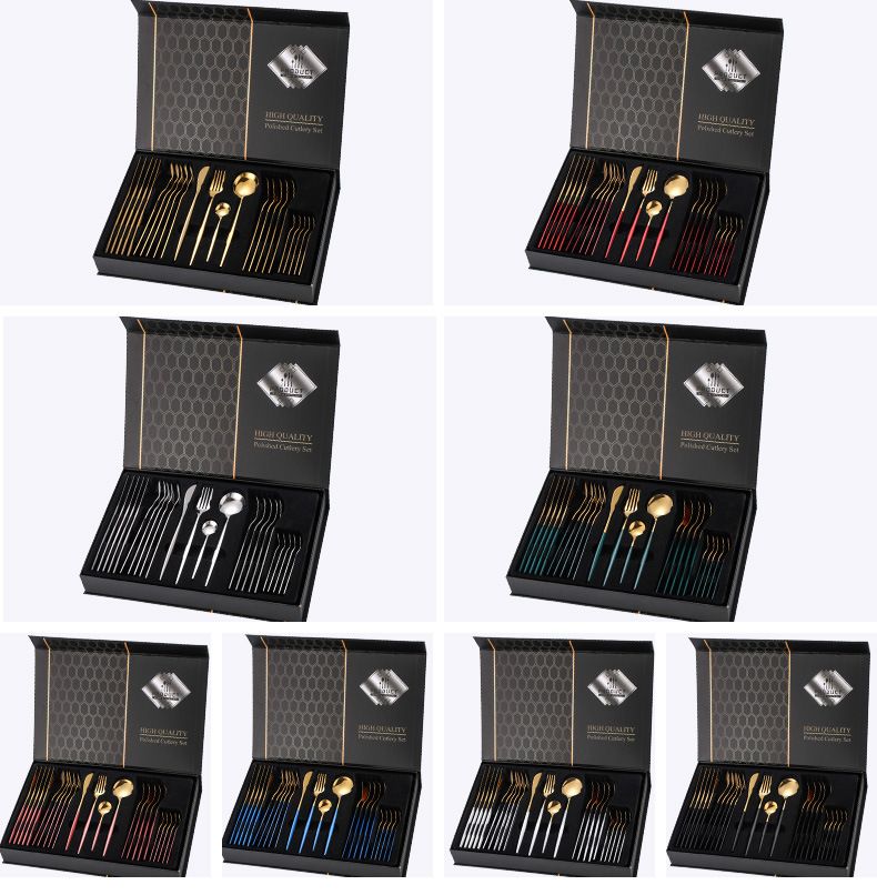 Conjunto de talheres de aço inoxidável com 24 peças, faca, garfo e colher, para hotel, estilo ocidental português, caixa de presente_voghion.com