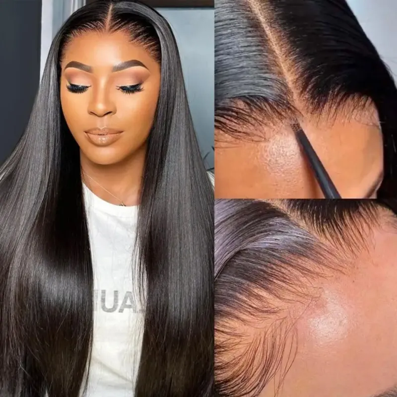 Peluca recta precortada sin pegamento, 100 % cabello humano, pelucas frontales de encaje HD para mujeres_voghion.com