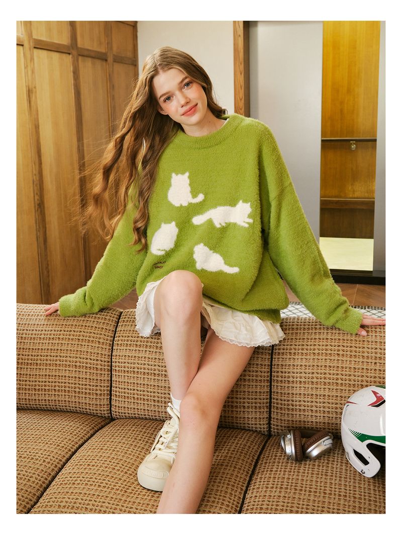 NARTALIY Katzensilhouette für Männer und Frauen, Paare, Herbst und Winter, trendiger amerikanischer Stil, lockerer, fauler, weicher Strickpullover_voghion.com