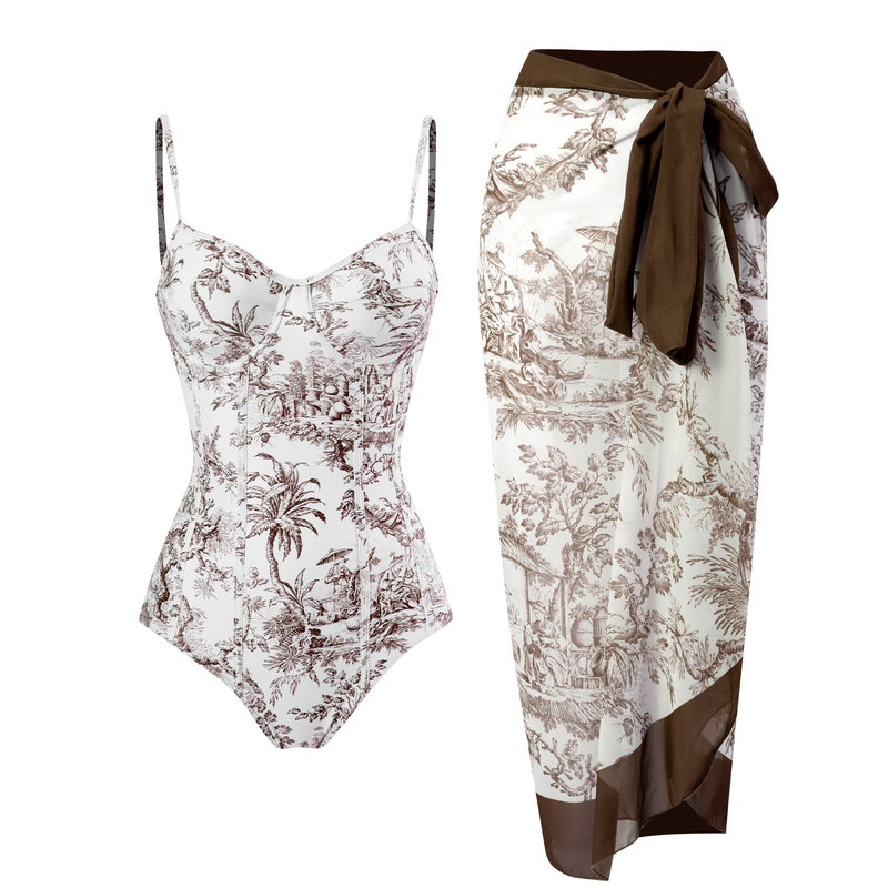Maillot de bain rétro pour femmes, combinaison imprimée peinture à l'encre, jupe en gaze en mousseline de soie, pour vacances, maillot de bain de beauté_voghion.com