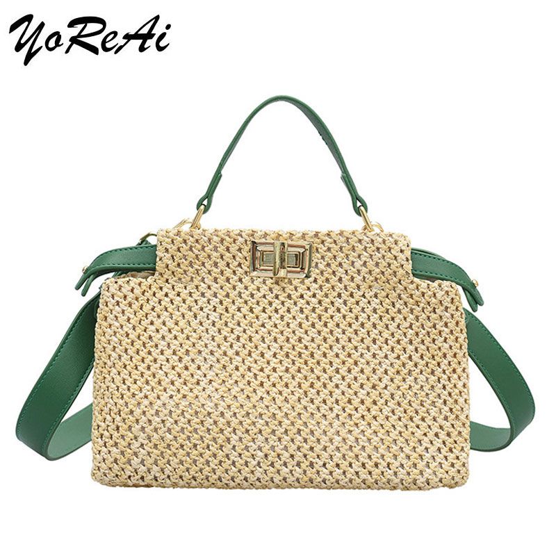 YoReAi Straw Beach Bag Fashion PU Handmade Woven Shoulder Bags Raffia Rattan Handbag Bohemian Summer Casual Small Square_voghion.com