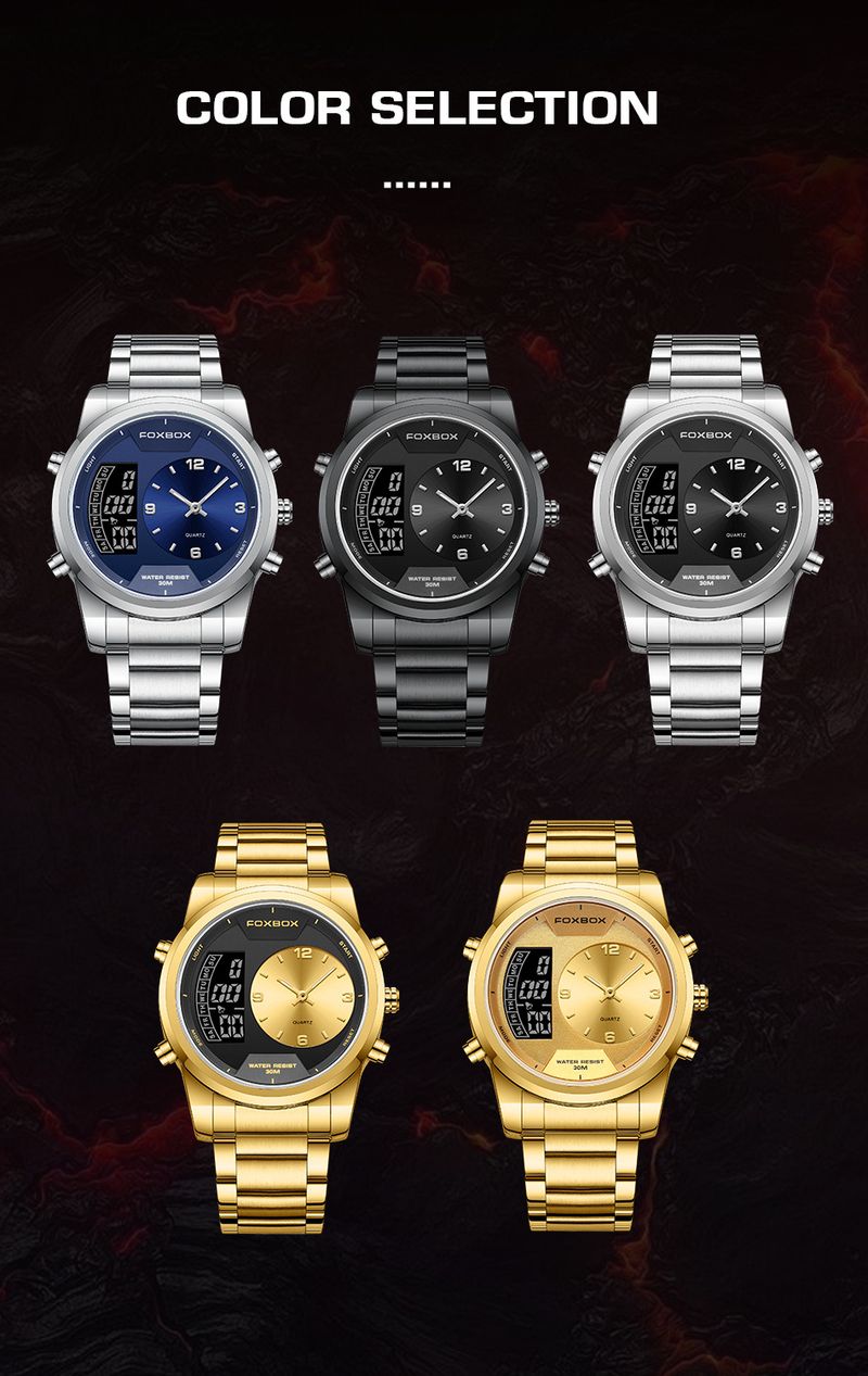 Men's Waterproof Luminous Analog Digital Watch With Alarm Chronograph, Stainless Steel Band, Mineral Glass, 43mm Round Case_voghion.com