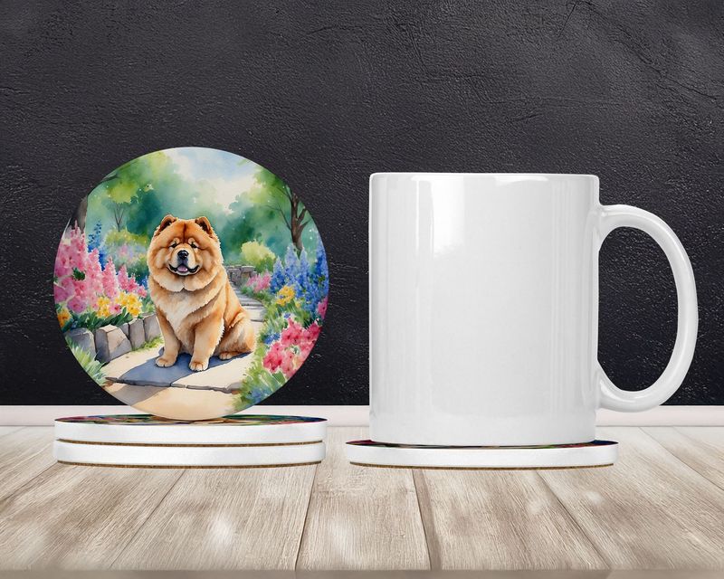 Chow Chow Spring Path Large Sandstone Coasters Pack Of 4 Absorbent Round Coasters Decor Gifts For Men Or Women, 4 In, Multicolor_voghion.com