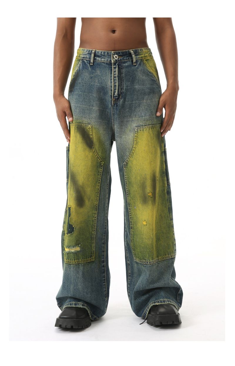 EF JEANS | 2024 New Product, American High Street Loose Mopping Old Retro Tie-dye Ripped Jeans Tide_voghion.com