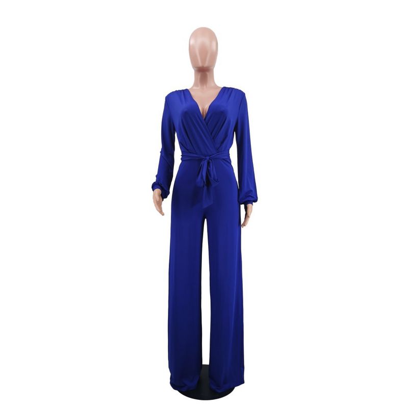 Tuta casual tinta unita con scollo a V e cintura annodata in vita, nuova da donna, autunno e inverno_voghion.com