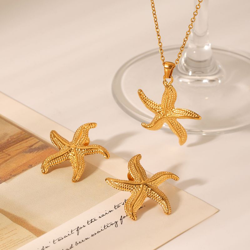 1Pc/3Pcs Huangchao Stainless Steel Starfish Pendant Necklace Stud Earrings For Women, Gold Plated Summer Jewelry Accessories_voghion.com