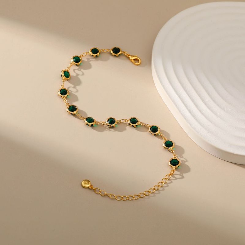 Pulseira francesa de ouro verdadeiro banhada a cobre estilo retrô K incrustada com textura de zircônia verde escura joias requintadas_voghion.com