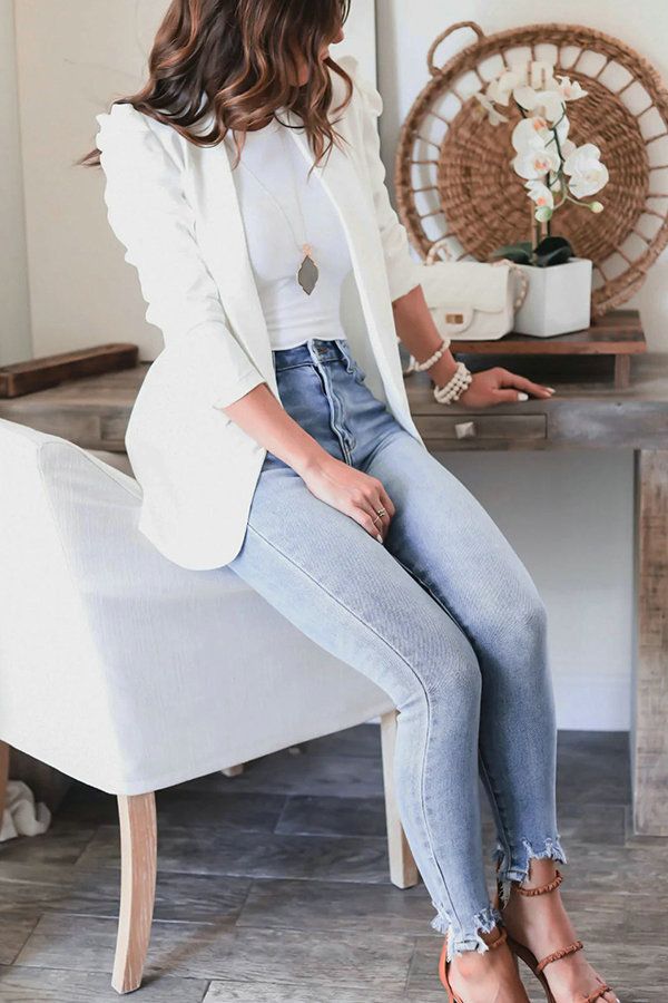 Women's long-sleeved shoulder pads + lined lapels slim small suit_voghion.com