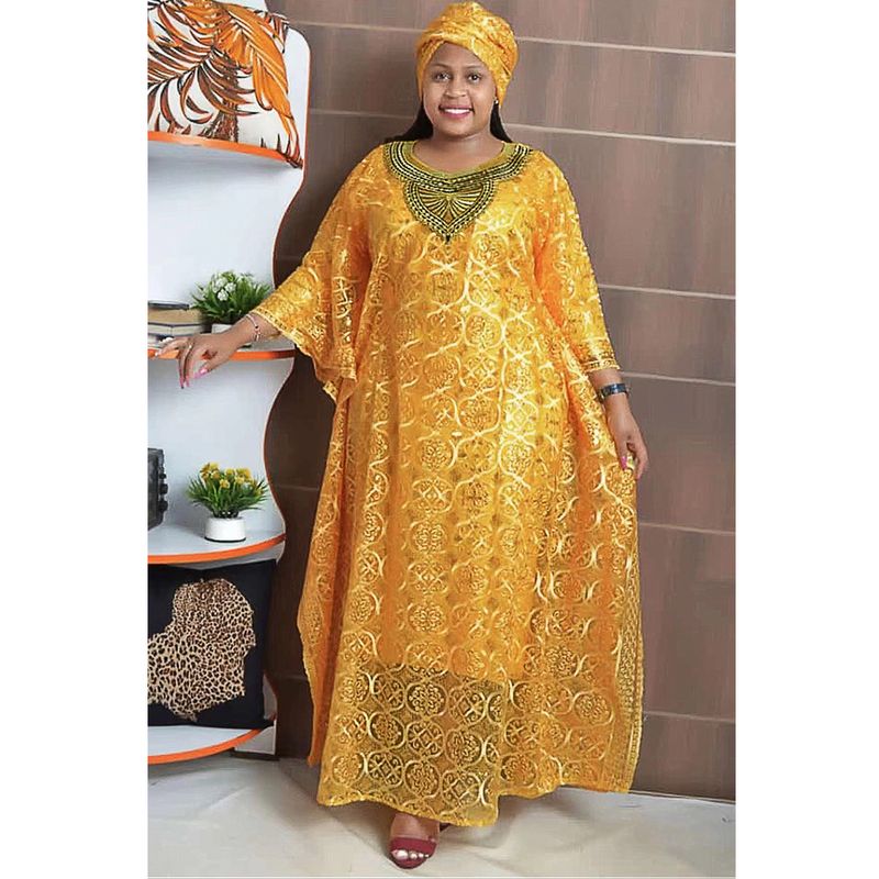 Roupas femininas bordado renda solta manga morcego vestido robe três peças colete com lenço na cabeça_voghion.com