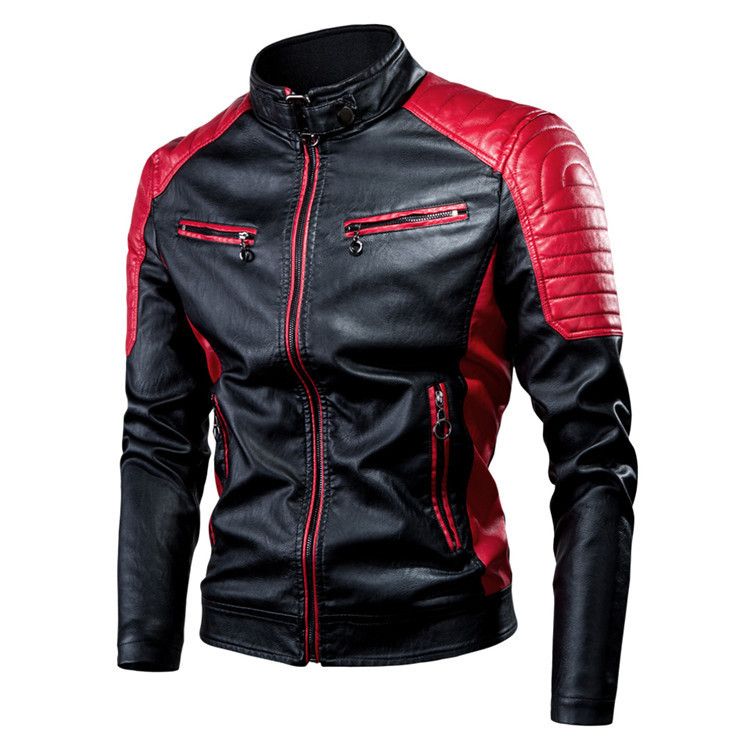Men's Clothing leisure motorcycle patchwork leather jacket men's fashion stand up collar retro warm leather jacket_voghion.com