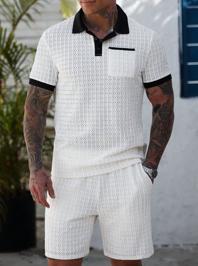 Men's Hollow Color Matching Short Sleeved Shorts Casual Sports Suit_voghion.com