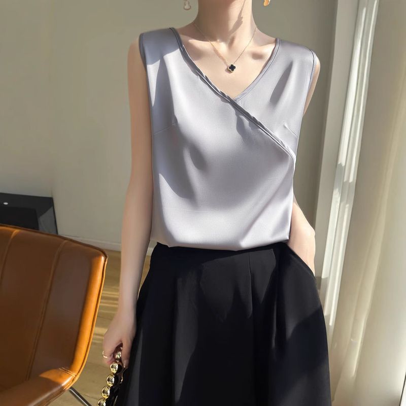25 Nuove Canottiere Estive da Donna con Scollo a V e Interno in Raso di Seta, Senza Maniche, Larghe_voghion.com
