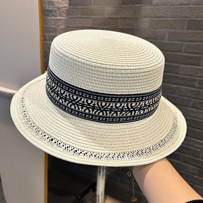 Ethnic Style Flat Top Top Hat Women's Summer Seaside Beach Vacation Sunshade Straw Hat Wide Brim Sun Hat_voghion.com