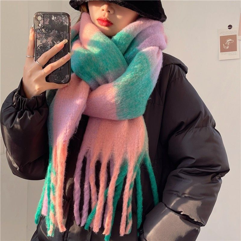 Plaid Fringe Scarf for W Autumn and Winter Rainbow Colored Imitation Cashmere Mohair Shawl with Thickened Neck for_voghion.com