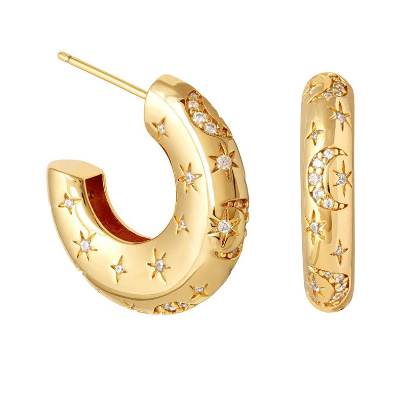 Brincos femininos de prata 925 com luz de agulha, estilo de metal de personalidade luxuosa, zircônia quebrada, formato de C, estrela e lua, brincos de design de nicho_voghion.com