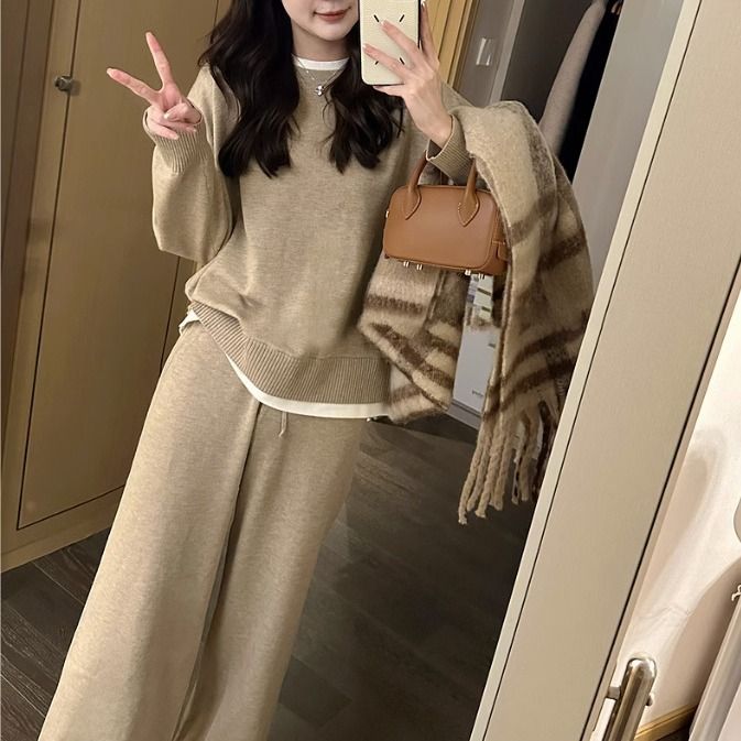 High-Quality Autumn New Sweater Wide-Leg Pants Women's Two-Piece Set Sports Casual Fashion Suit_voghion.com