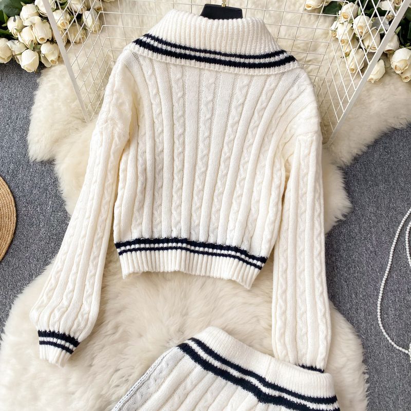 Women's Clothing Autumn and winter lazy style loose lapel striped sweater + high waist slim wide leg shorts knitted suit_voghion.com