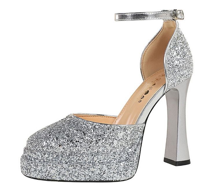 Women's Strappy High Heel Sandals With Glitter Platform Round Toe Chunky Heel For Summer Party Night Out One Strap Sandals_voghion.com