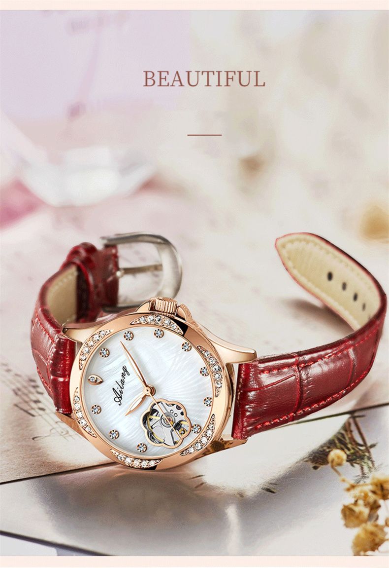 AILANG Damen-Armbanduhr, originale Luxusuhren für Damen, wasserdicht, Leder, automatisch, mechanisch, Roségold_voghion.com