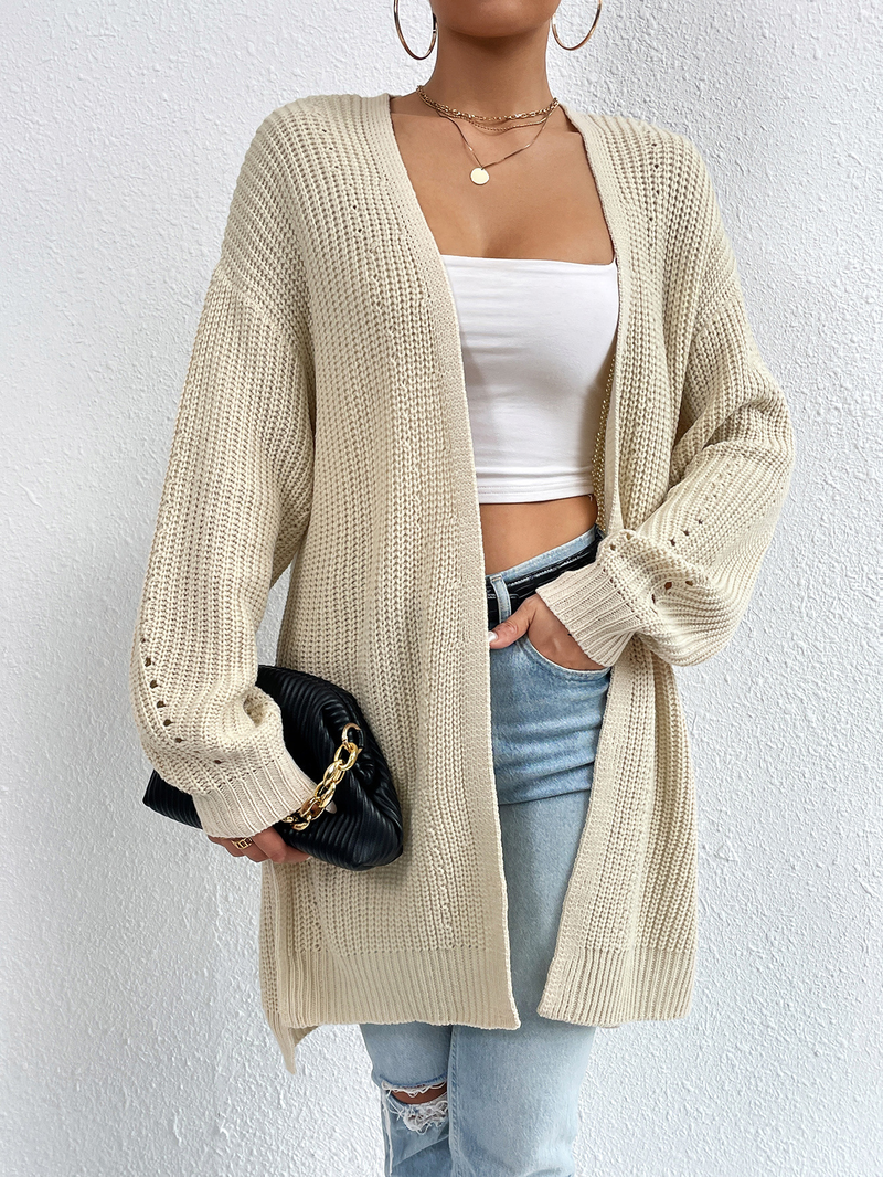 Veste pull mi-longue à col en v, ample, couleur unie, style paresseux, cardigan tricoté pour femme, automne et hiver_voghion.com