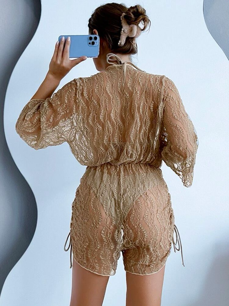 Costume da bagno intero da donna in rete con vita alta, stampa con coulisse, bikini in tre pezzi_voghion.com