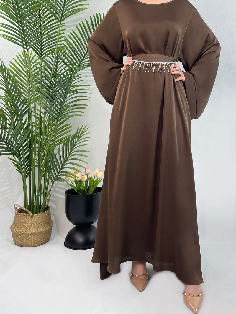 Dámské oblečení s kamínkovým páskem, dámské saténové šaty, elegantní a vznešené malajské šaty, abaya, velká velikost_voghion.com