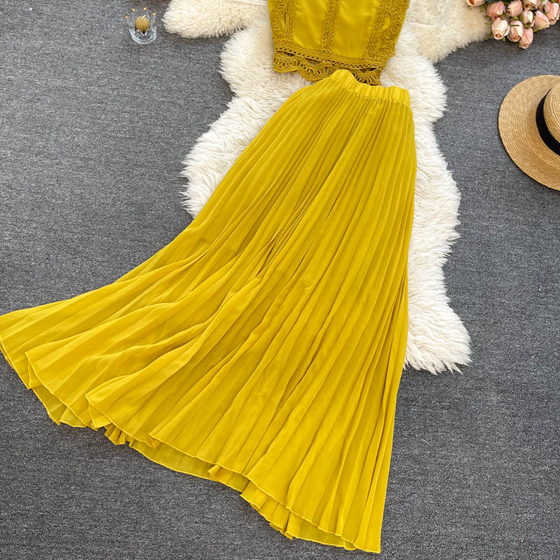 Haut en dentelle pour femmes, taille 1, jupe plissée en mousseline de soie, costume deux pièces_voghion.com