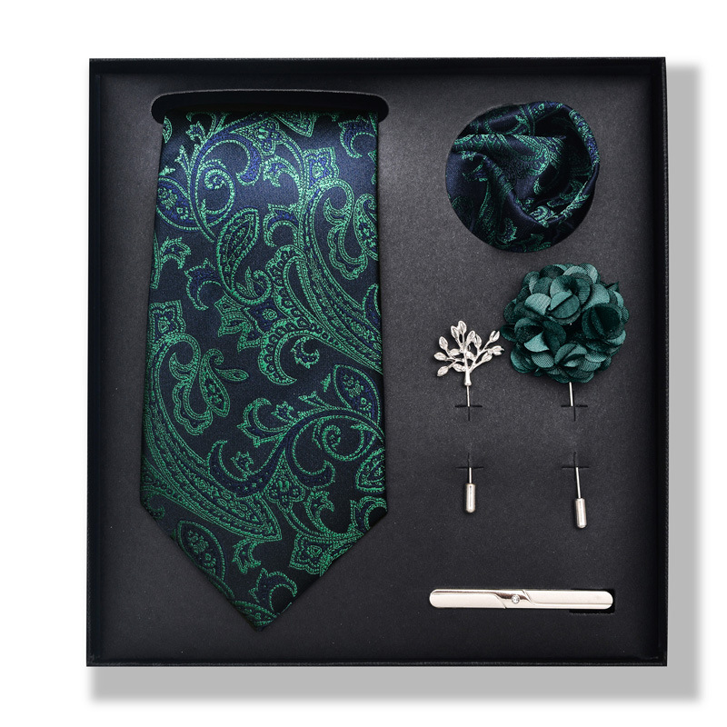Set da uomo alla moda in tinta unita a righe con anacardi, confezione regalo da 6 pezzi, set con corsetto con fermacravatta e sciarpa quadrata_voghion.com