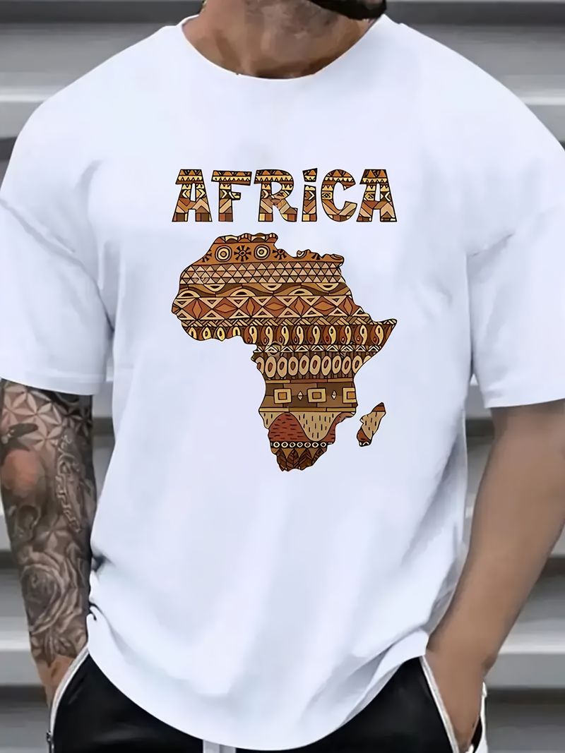 Lässige Herrenmode in Übergrößen mit Afrika-Print. Bequeme, atmungsaktive Baumwolle, Rundhalsausschnitt, Kurzarm, Grafikprint._voghion.com