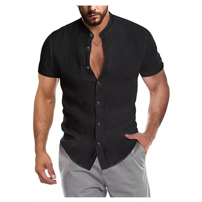 Unbeatable Quality 2024 Summer V-neck Linen New Cardigan Stand Up Neck Short Sleeve Men's Shirt_voghion.com