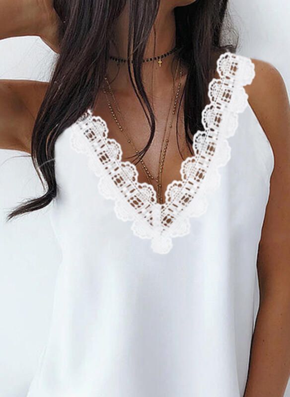 Top ampio in tinta unita con scollo a V, in pizzo patchwork, con spalline, da donna, primavera estate_voghion.com
