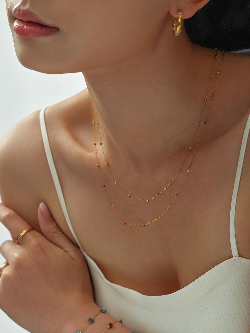 Collana di perline fatta a mano minimalista Niche - Catena a croce martellata ultra fine in zircone sfaccettato da 2 mm in acciaio inossidabile_voghion.com