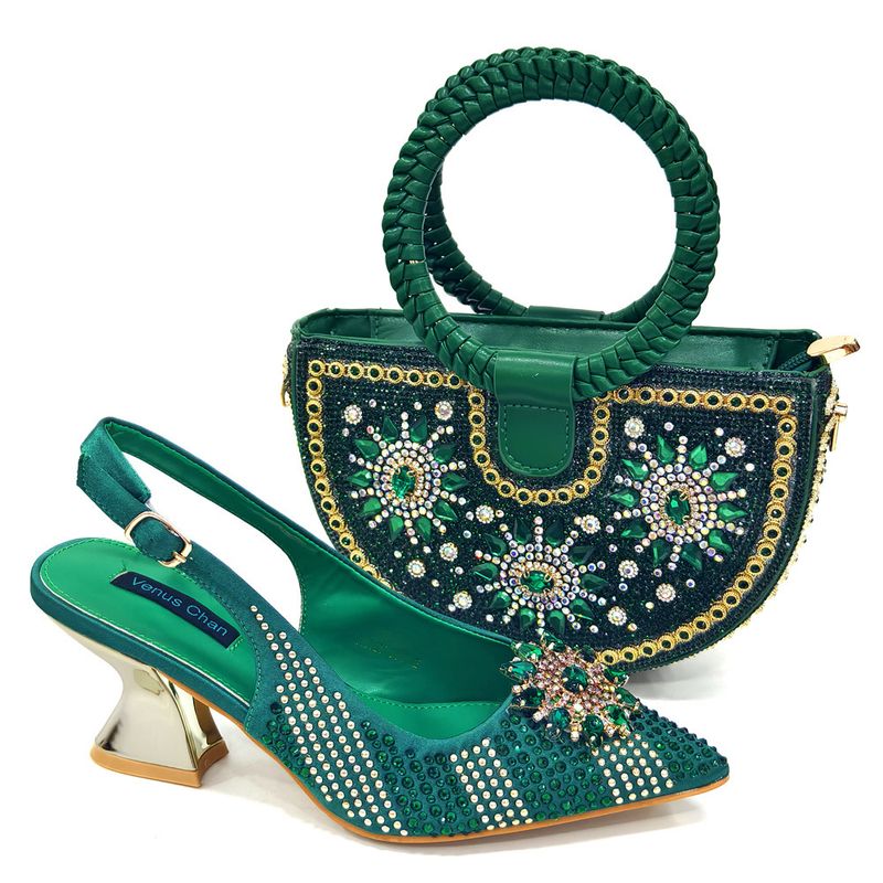 Shoe Bag Set Combination Wrist Woven Moon Bag + Women's Pointed Sandal Crystal Buckle_voghion.com