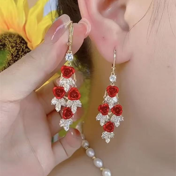 Women's Earrings Red rose zircon ear buckle unique design high-grade sense super fairy wave earrings temperament light luxury_voghion.com
